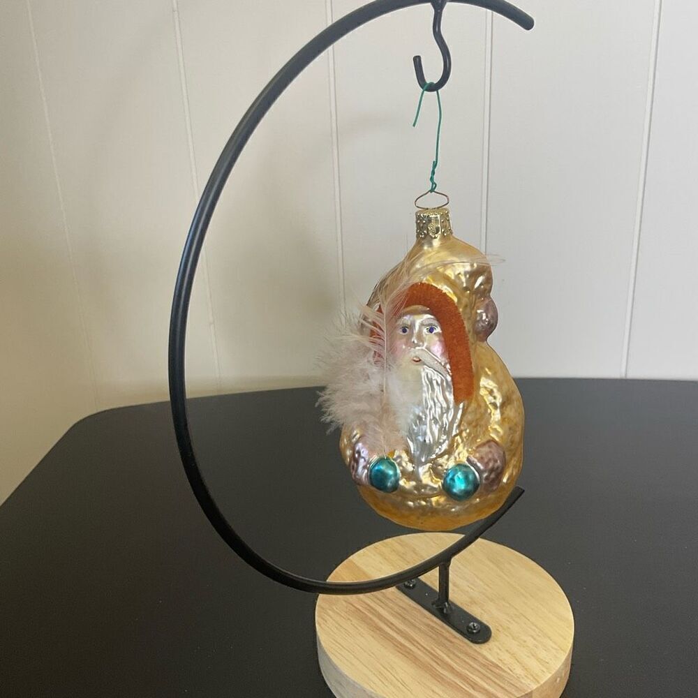 Vintage Old World Christmas Ornament Glass Santa with Feather Gold Red 5.5"